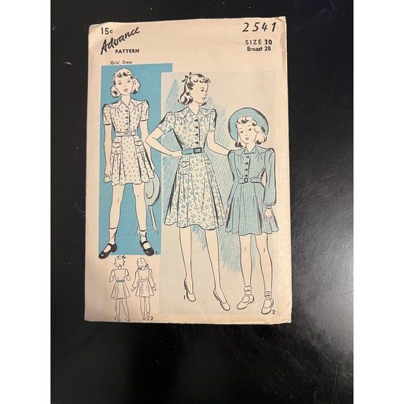 Vintage 1940s Advance Sewing Pattern 2541 Girls Dress Size 10 Breast 28 - Picture 1 of 2
